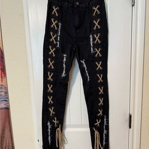 Stylish Black Lace-Up Women Jeans